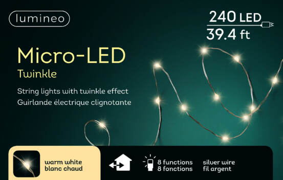 Lumi&egrave;res DEL Micro 240 lumi&egrave;res 39' Blanc chaud avec fil argent